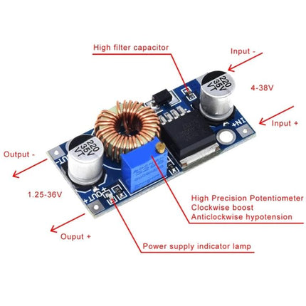 Versatile Adjustable DC-DC Buck Power Module for DIY Projects showing labeled input, output, potentiometer, inductors and capacitors for hobby circuits