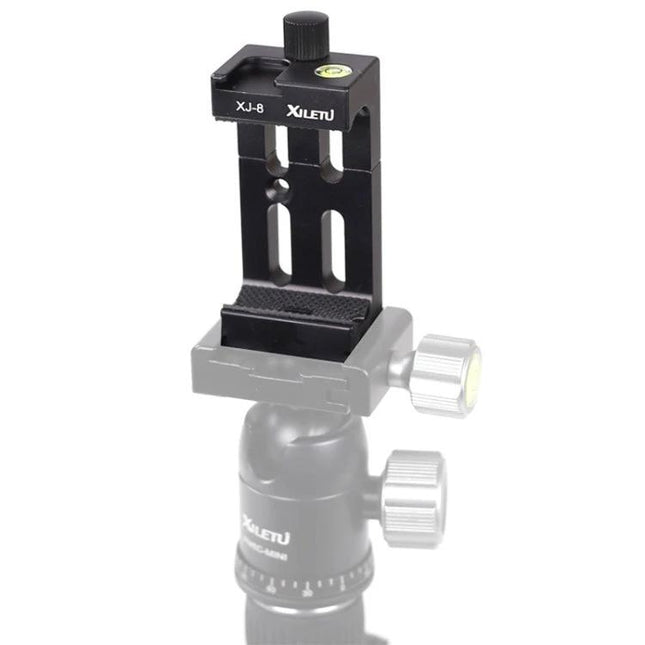 XILETU Aluminum Alloy Adjustable Mobile Phone Tripod Clip mounted on ball head showing adjustable clamp and bubble level for stable smartphone shots