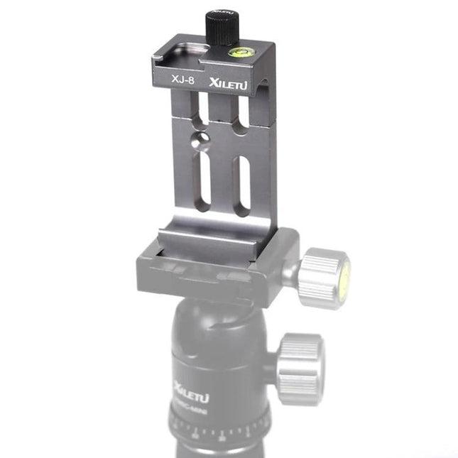 XILETU Aluminum Alloy Adjustable Mobile Phone Tripod Clip mounted on tripod with bubble level for stable phone photography
