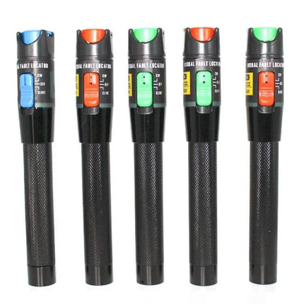 Portable Fiber Optic Red Light Test Pen for Detection Tools - five black handheld testers with colored caps (blue, orange, green) for field fault locating