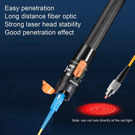 Portable Fiber Optic Red Light Test Pen for Detection Tools showing pen testing fiber connector with red light and replaceable metal tip
