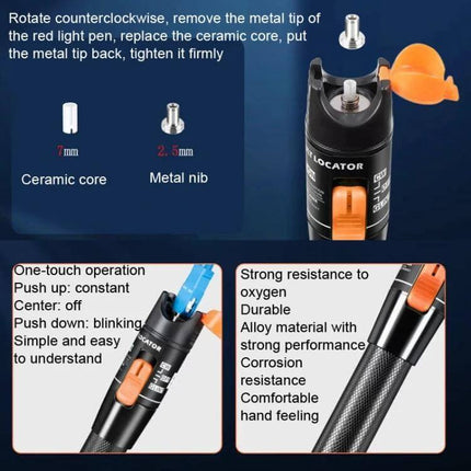 Portable Fiber Optic Red Light Test Pen for Detection Tools showing replaceable metal tip ceramic core and one-button operation