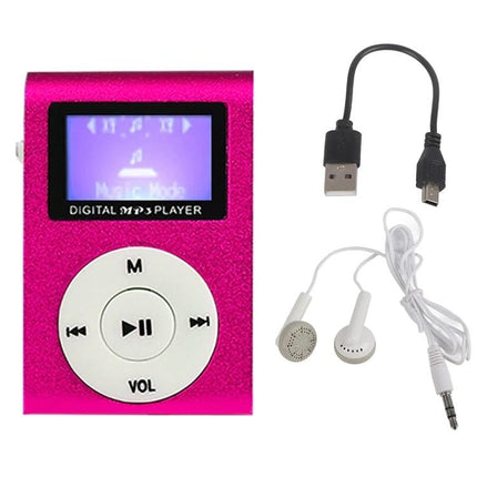 Mini Lavalier Metal MP3 Player With Display and No Memory Card pink metal MP3 player with display, earphones and USB cable