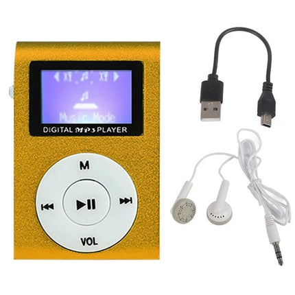 Mini Lavalier Metal MP3 Player With Display and No Memory Card compact gold MP3 player with display, earphones and USB cable