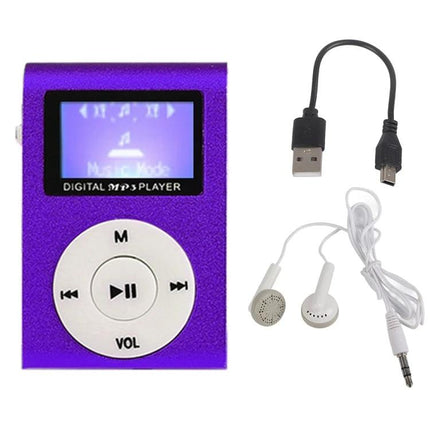 Mini Lavalier Metal MP3 Player With Display and No Memory Card - purple compact MP3 player with display, earbuds and USB cable