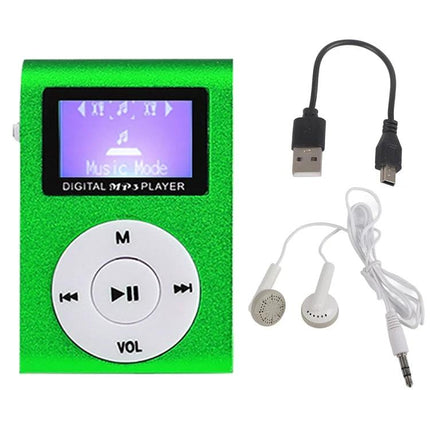 Mini Lavalier Metal MP3 Player With Display and No Memory Card compact green metal MP3 player with display, USB cable and earphones