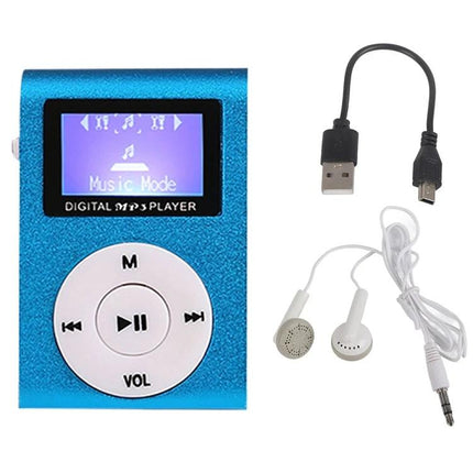 Mini Lavalier Metal MP3 Player With Display and No Memory Card compact blue metal MP3 player with screen, USB cable and earbuds