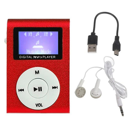 Mini Lavalier Metal MP3 Player With Display and No Memory Card - compact red MP3 player with display, USB cable and earphones