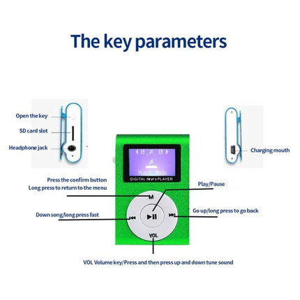 Mini Lavalier Metal MP3 Player With Display and No Memory Card showing front controls, screen, TF/SD slot, headphone jack and charging port