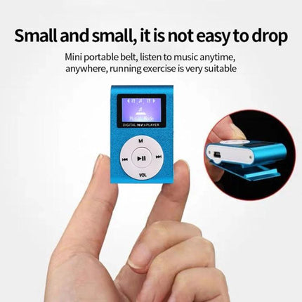 Mini Lavalier Metal MP3 Player With Display and No Memory Card compact blue clip-on MP3 player held between fingers showing display and control buttons