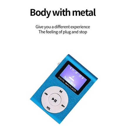 Mini Lavalier Metal MP3 Player With Display and No Memory Card showing blue metal body, small display and wheel controls for commuting and workouts