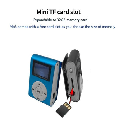 Mini Lavalier Metal MP3 Player With Display and No Memory Card showing TF card slot and removable 32GB microSD for portable music playback