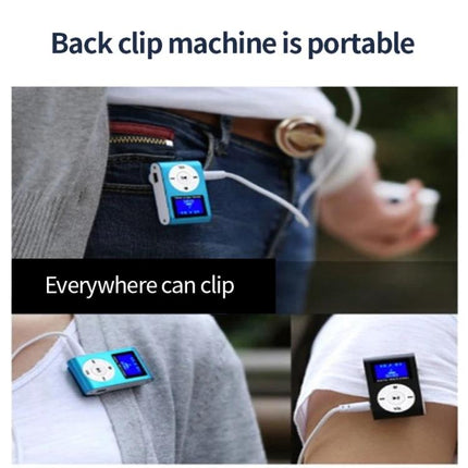 Mini Lavalier Metal MP3 Player With Display and No Memory Card clipped to jeans and shirt with TF card slot visible