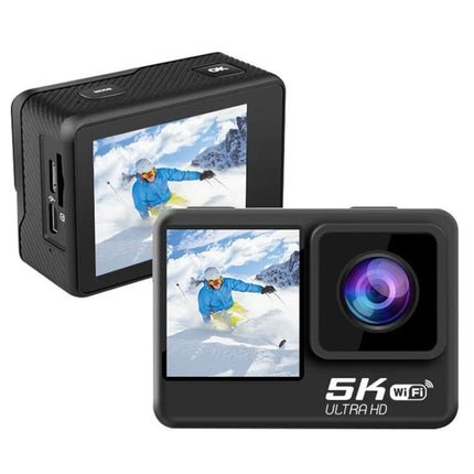 5K Sports Camera for High-Resolution Outdoor Adventures showing front and back views with waterproof compact design and wide-angle lens