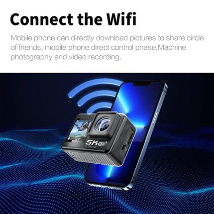 5K Sports Camera for High-Resolution Outdoor Adventures showing waterproof compact action cam with wide-angle lens and WiFi phone connectivity