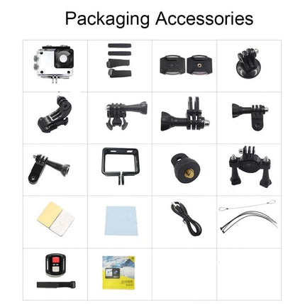 5K Sports Camera for High-Resolution Outdoor Adventures packaging accessories kit with mounts, frame, straps, cables, remote, and waterproof case