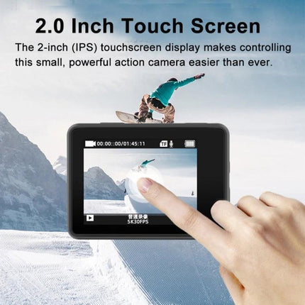 5K Sports Camera for High-Resolution Outdoor Adventures showing 2.0 inch touch screen with snowboarder playback and finger controlling UI