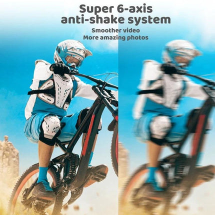 5K Sports Camera for High-Resolution Outdoor Adventures showing biker using super 6-axis anti-shake for clear wide-angle action shots