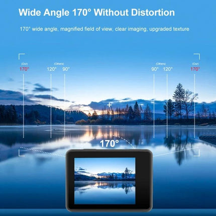 5K Sports Camera for High-Resolution Outdoor Adventures showing 170° wide-angle view capturing lake sunrise with touchscreen preview