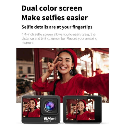 5K Sports Camera for High-Resolution Outdoor Adventures — woman taking selfie with dual color screen, wide-angle lens, waterproof compact action cam