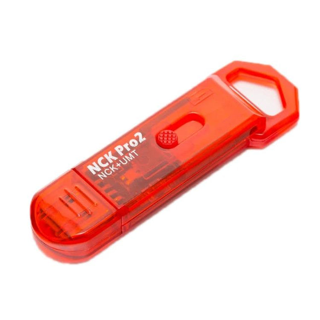 NCK PRO2 2-in-1 Dongle for Phone Unlocking and Resetting red translucent dongle on white background