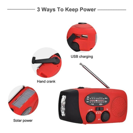 HanRongda HRD-902 Emergency Solar Radio for Disaster Use showing solar panel, hand crank, USB charging and radio controls