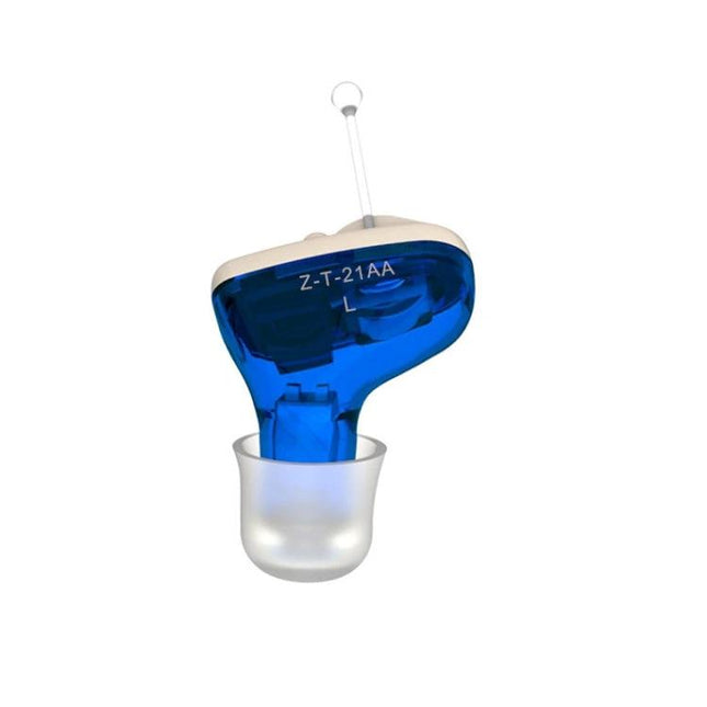 Discreet Invisible In-Ear Hearing Aid for Everyday Support — flesh-colored invisible in-ear aid in blue casing shown with removal tab
