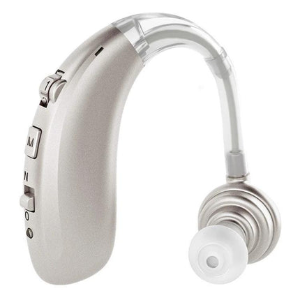 Comfortable Earhook Hearing Aid for Noise Reduction and Daily Use - silver earhook style with noise reduction, 30-34dB gain, discreet daily wearable