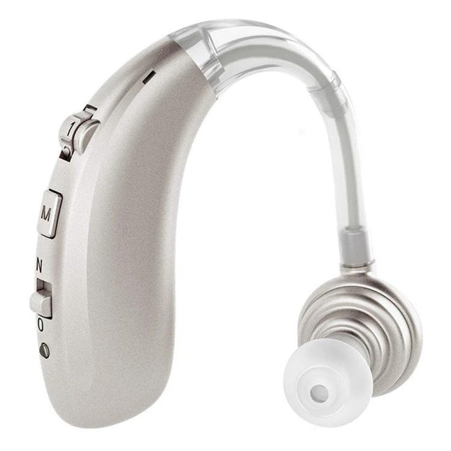 Comfortable Earhook Hearing Aid for Noise Reduction and Daily Use - silver earhook style with noise reduction, 30-34dB gain, discreet daily wearable