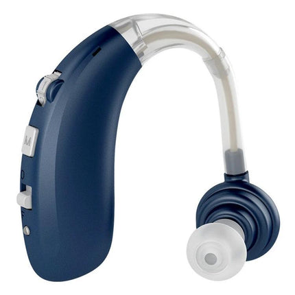 Comfortable Earhook Hearing Aid for Noise Reduction and Daily Use navy earhook device with silicone dome, 30-34dB gain for clearer speech