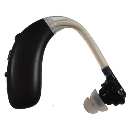Comfortable Earhook Hearing Aid for Noise Reduction and Daily Use black behind-the-ear earhook with silicone dome, 30-34dB gain, suited for everyday noise reduction