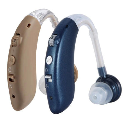 Comfortable Earhook Hearing Aid for Noise Reduction and Daily Use - pair of beige and navy earhook devices with clear tubing and silicone ear tips