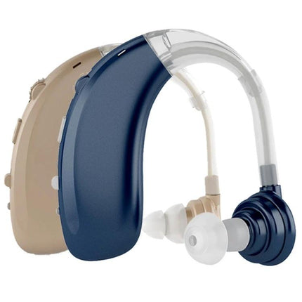 Comfortable Earhook Hearing Aid for Noise Reduction and Daily Use - navy and beige earhook hearing aids showing earpieces and tubing, 30-34dB gain