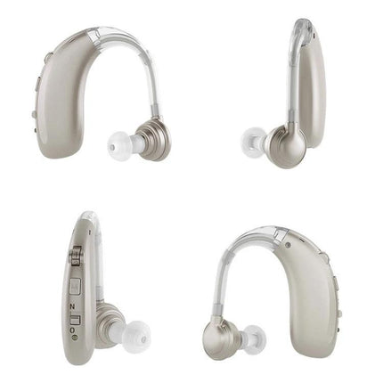 Comfortable Earhook Hearing Aid for Noise Reduction and Daily Use showing beige earhook device from multiple angles