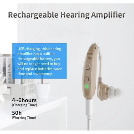 Comfortable Earhook Hearing Aid for Noise Reduction and Daily Use - beige rechargeable earhook with USB charging, 30-34dB gain, up to 50h work time