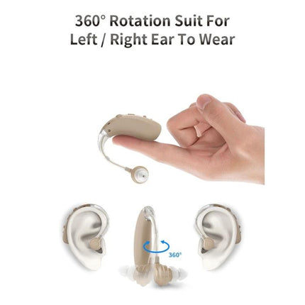Comfortable Earhook Hearing Aid for Noise Reduction and Daily Use showing 360° rotation, left/right ear fit and discreet beige design