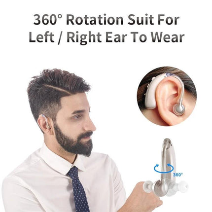Comfortable Earhook Hearing Aid for Noise Reduction and Daily Use shown on man wearing 360° rotatable earhook for left or right ear, close-up of device