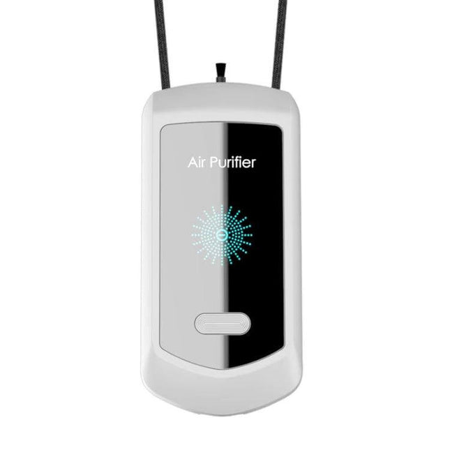 Mini Hanging Neck Negative Ion Air Purifier For Everyday Use - compact white wearable neck purifier (70×34×18mm) with LED display and lanyard