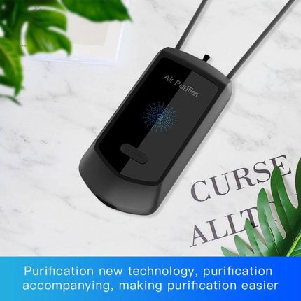 Mini Hanging Neck Negative Ion Air Purifier For Everyday Use - compact black 70×34×18mm wearable personal air purifier on marble background
