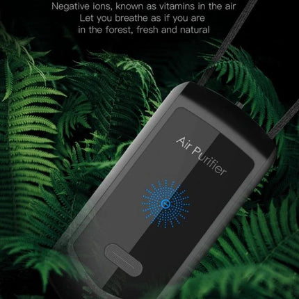 Mini Hanging Neck Negative Ion Air Purifier For Everyday Use - compact black wearable air purifier on a cord, shown amid green ferns