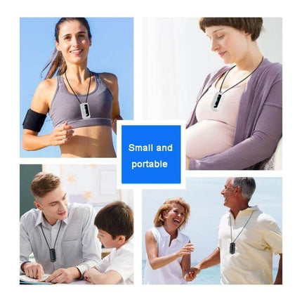 Mini Hanging Neck Negative Ion Air Purifier For Everyday Use - compact 70×34×18mm wearable personal air purifier shown on active woman, pregnant mom, family, seniors