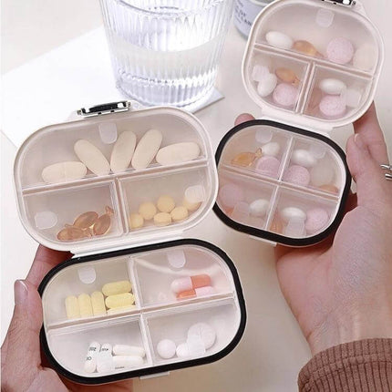 One Week Outdoor Travel Medicine Box, Portable and Airtight palm-sized airtight pill organizer with 4 grids for tablets and capsules