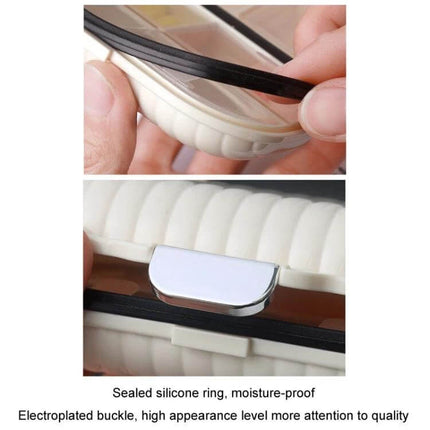 One Week Outdoor Travel Medicine Box, Portable and Airtight — close-up of palm-sized airtight case with silicone seal and electroplated buckle