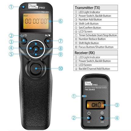 Pixel Wireless Shutter Remote Control for Cameras handheld transmitter and receiver showing labeled buttons and LCD screens