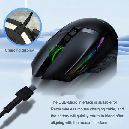 Razer USB Micro Charging Cable for Wireless Mouse Compatibility connected to gaming mouse showing charging display and reinforced wire