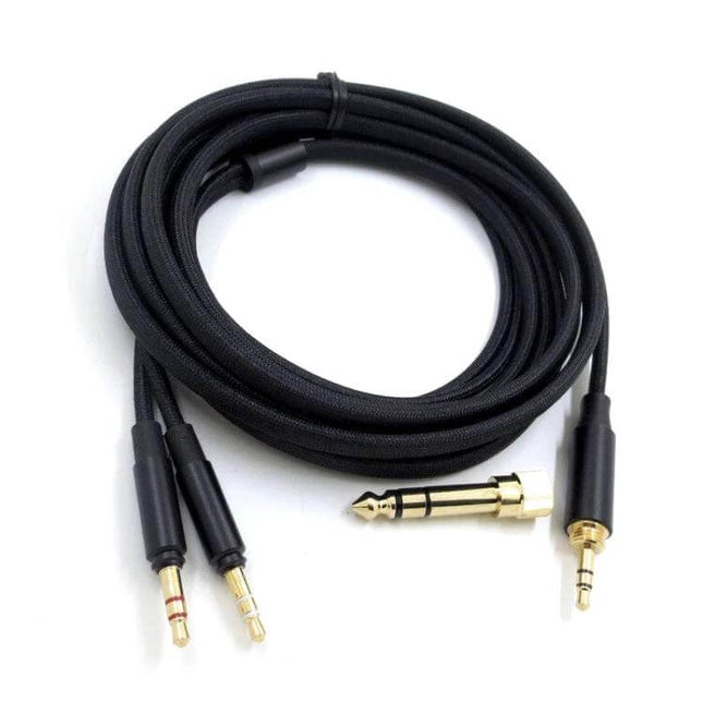 Versatile Balanced Headphone Cable with Adapters and Connectors - black braided cable with XLR-style and dual 3.5mm gold connectors