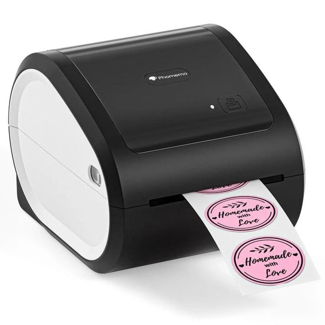 Phomemo Bluetooth Thermal Label Printer for Shipping and Barcodes printing pink round "Homemade with Love" stickers via Bluetooth
