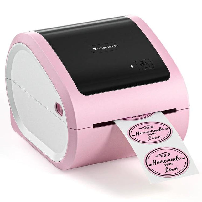 Phomemo Bluetooth Thermal Label Printer for Shipping and Barcodes pink label printer printing round 'Homemade with Love' stickers