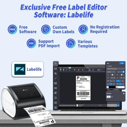 Phomemo Bluetooth Thermal Label Printer for Shipping and Barcodes shown printing shipping labels from Labelife editor on laptop