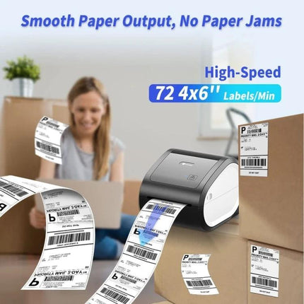 Phomemo Bluetooth Thermal Label Printer for Shipping and Barcodes showing high-speed label printing with boxes and printed shipping labels